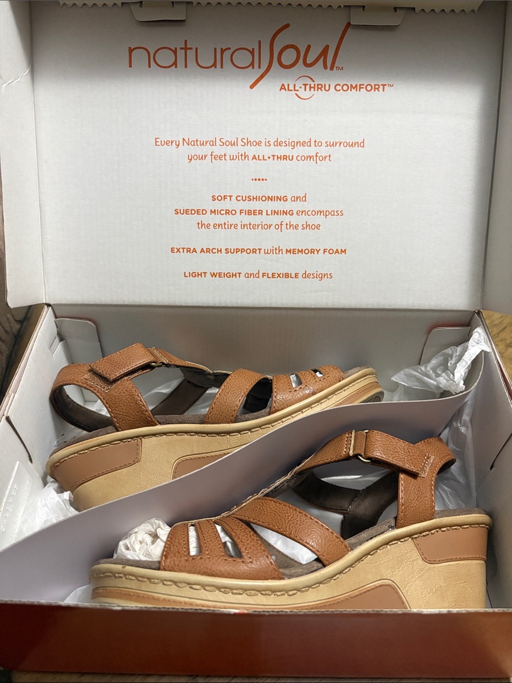 Natural Soul Tan and Beige Wedge Sandals with Adjustable Straps. Worn once.